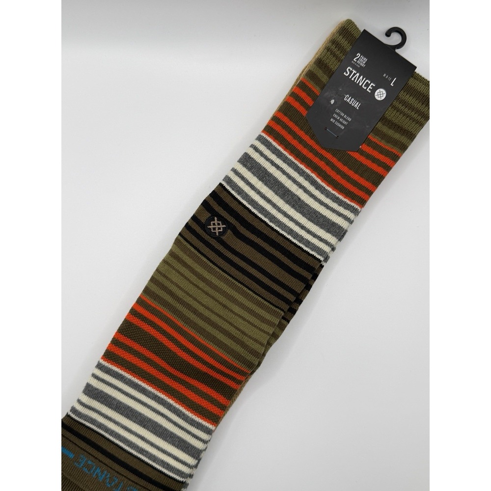 Stance Casual 2‎ Pack Socks Green Orange Stripe Crew Mid Cushion Mens L NWT